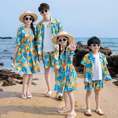 Family Matching Summer Fruit Print Blue Flared Sleeve Dress and Polo Shirts and Shorts Set - ChildAngle