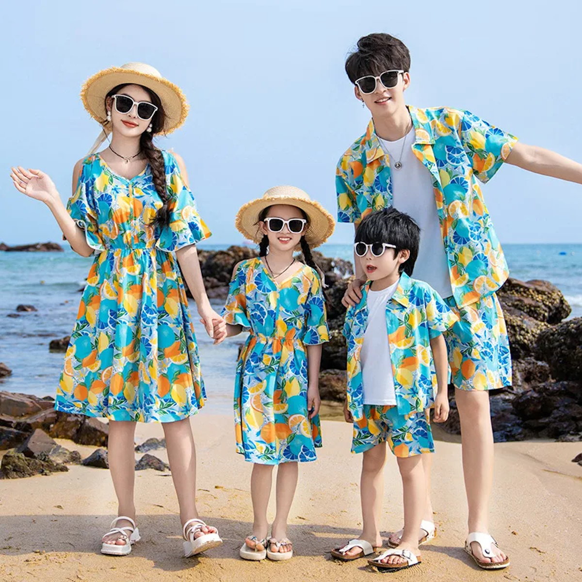 Family Matching Summer Fruit Print Blue Flared Sleeve Dress and Polo Shirts and Shorts Set - ChildAngle
