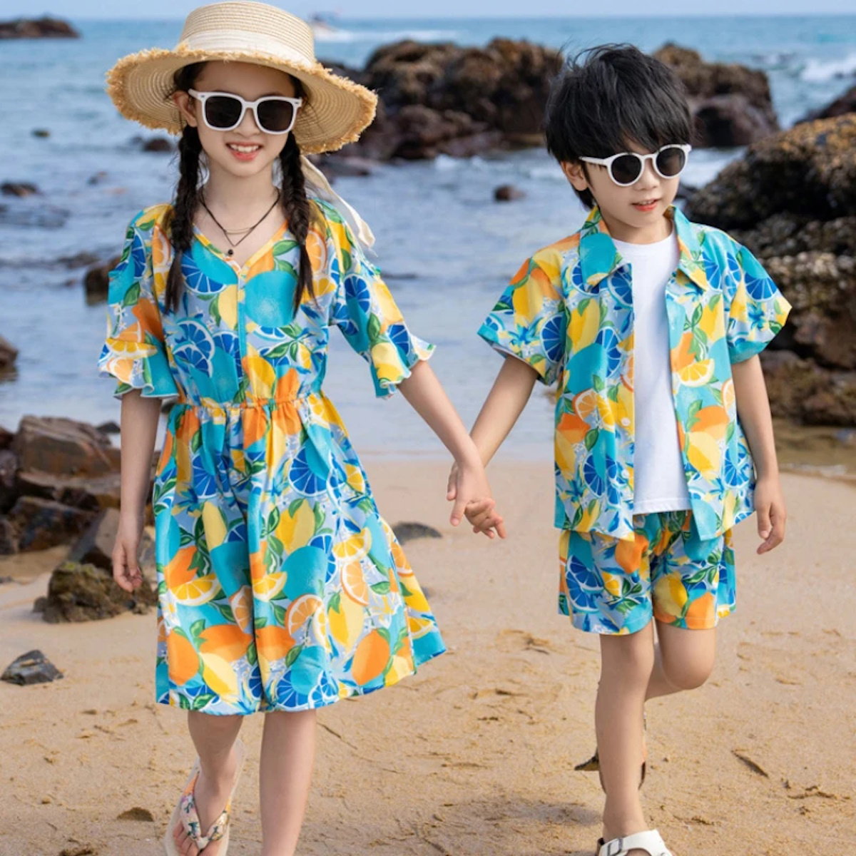 Family Matching Summer Fruit Print Blue Flared Sleeve Dress and Polo Shirts and Shorts Set - ChildAngle