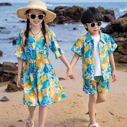 Family Matching Summer Fruit Print Blue Flared Sleeve Dress and Polo Shirts and Shorts Set - ChildAngle