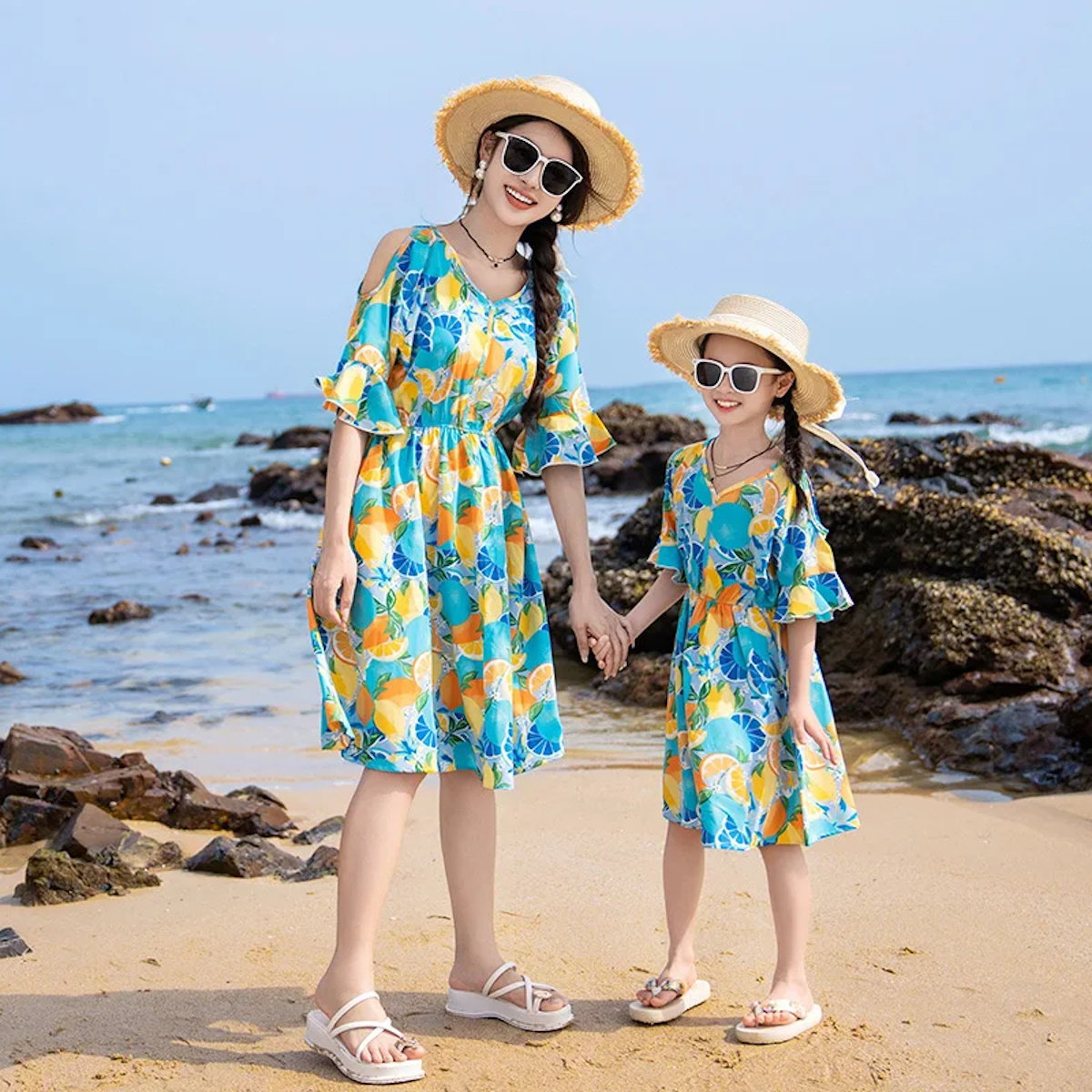 Family Matching Summer Fruit Print Blue Flared Sleeve Dress and Polo Shirts and Shorts Set - ChildAngle