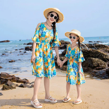 Family Matching Summer Fruit Print Blue Flared Sleeve Dress and Polo Shirts and Shorts Set - ChildAngle