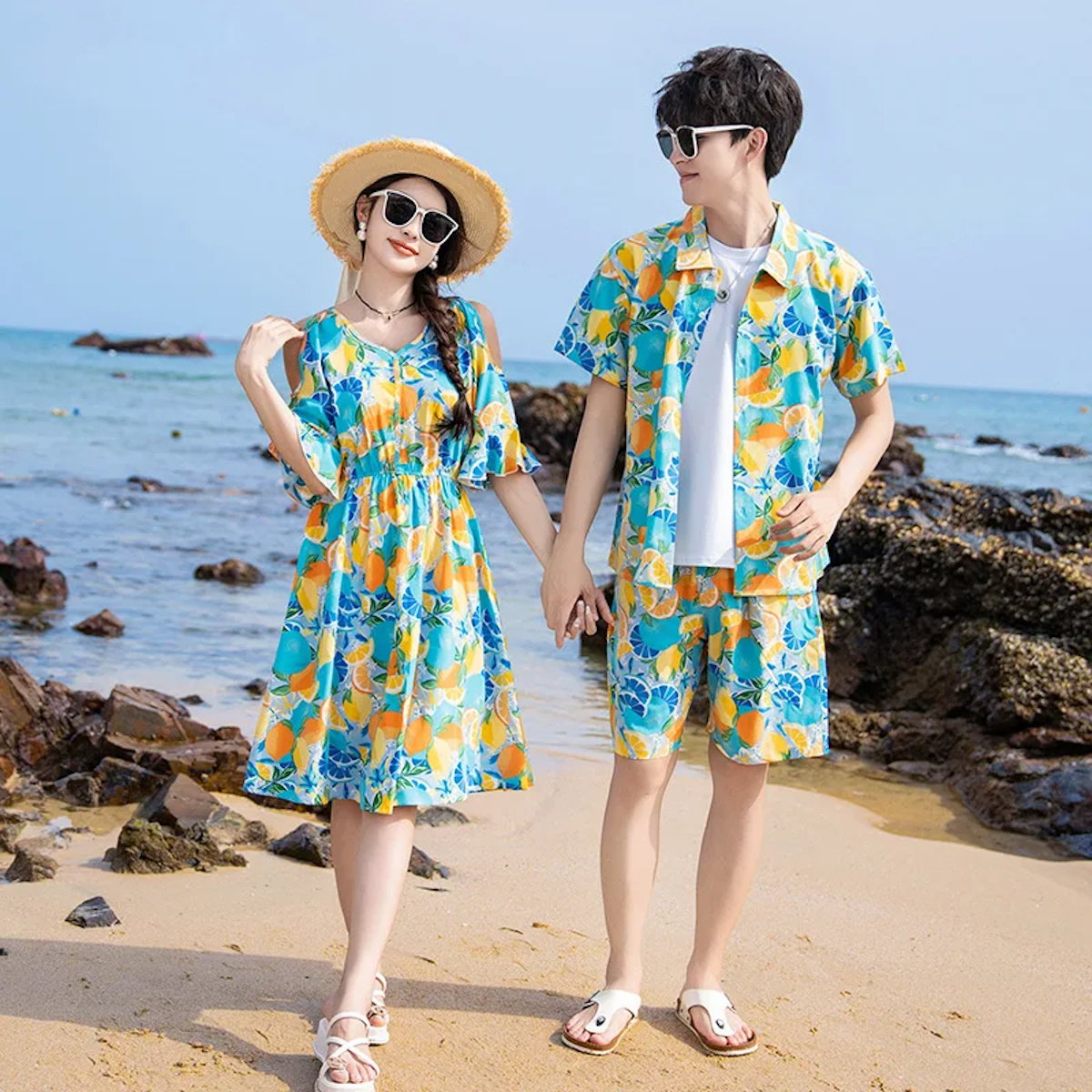 Family Matching Summer Fruit Print Blue Flared Sleeve Dress and Polo Shirts and Shorts Set - ChildAngle