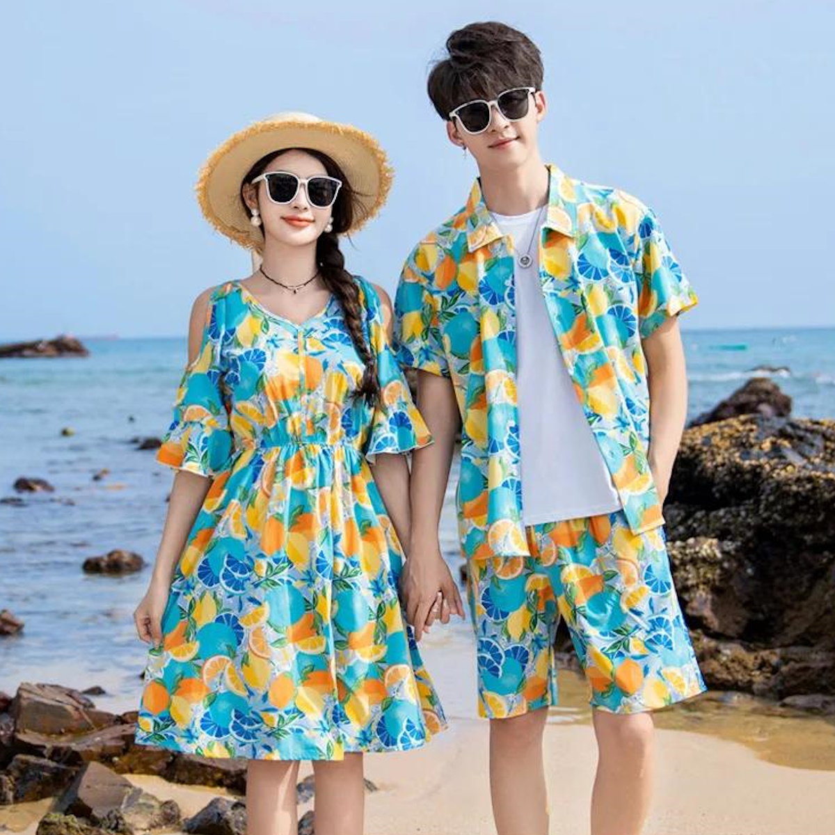 Family Matching Summer Fruit Print Blue Flared Sleeve Dress and Polo Shirts and Shorts Set - ChildAngle
