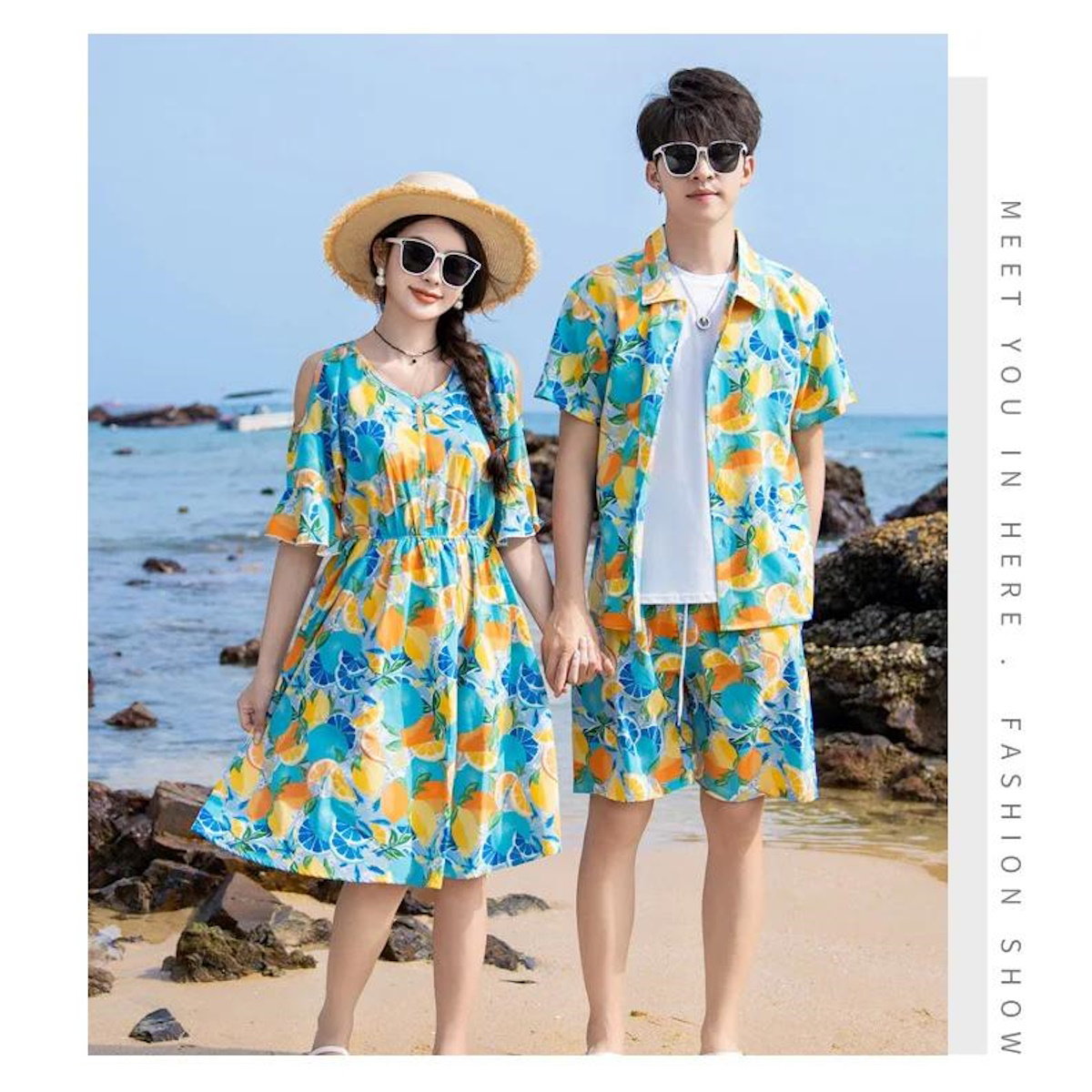 Family Matching Summer Fruit Print Blue Flared Sleeve Dress and Polo Shirts and Shorts Set - ChildAngle
