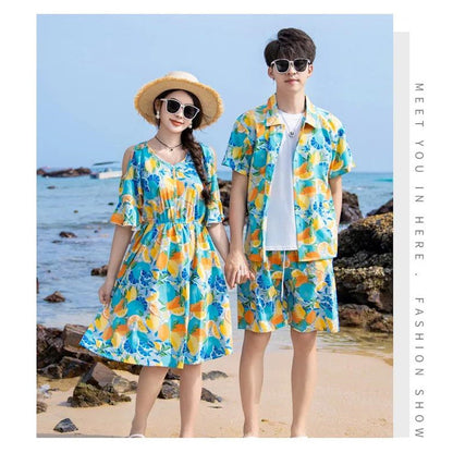 Family Matching Summer Fruit Print Blue Flared Sleeve Dress and Polo Shirts and Shorts Set - ChildAngle