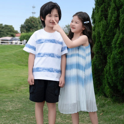 Family Matching Outfits Blue Striped Matching Family Shirts and Ruffle Stripe Slip Dress - ChildAngle