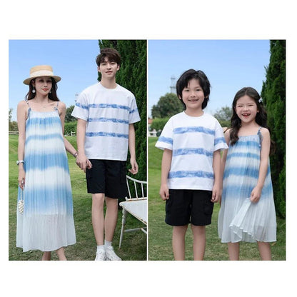 Family Matching Outfits Blue Striped Matching Family Shirts and Ruffle Stripe Slip Dress - ChildAngle