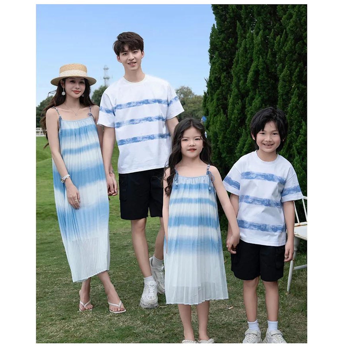 Family Matching Outfits Blue Striped Matching Family Shirts and Ruffle Stripe Slip Dress - ChildAngle
