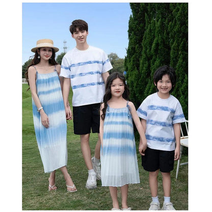 Family Matching Outfits Blue Striped Matching Family Shirts and Ruffle Stripe Slip Dress - ChildAngle
