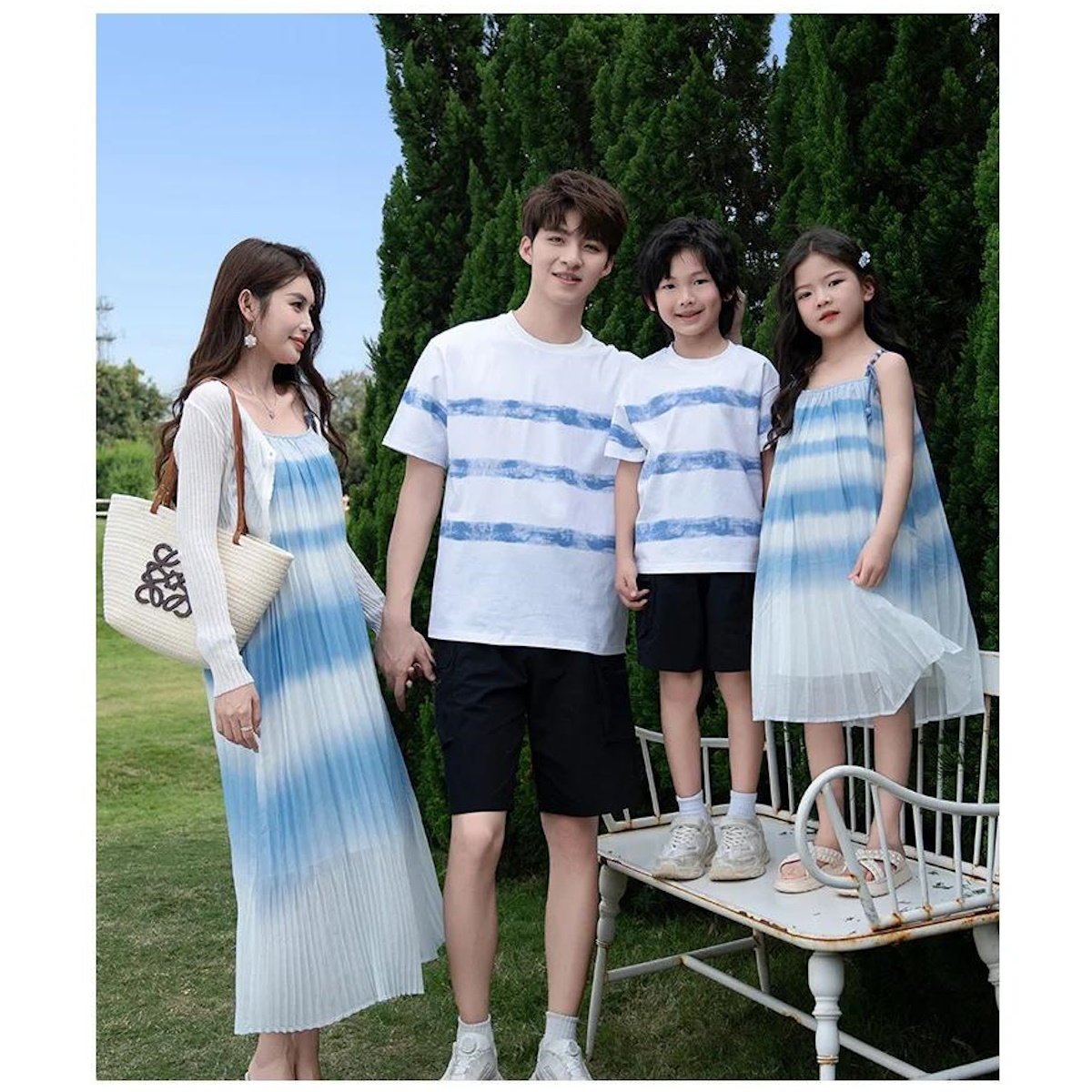 Family Matching Outfits Blue Striped Matching Family Shirts and Ruffle Stripe Slip Dress - ChildAngle