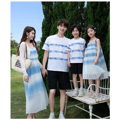 Family Matching Outfits Blue Striped Matching Family Shirts and Ruffle Stripe Slip Dress - ChildAngle