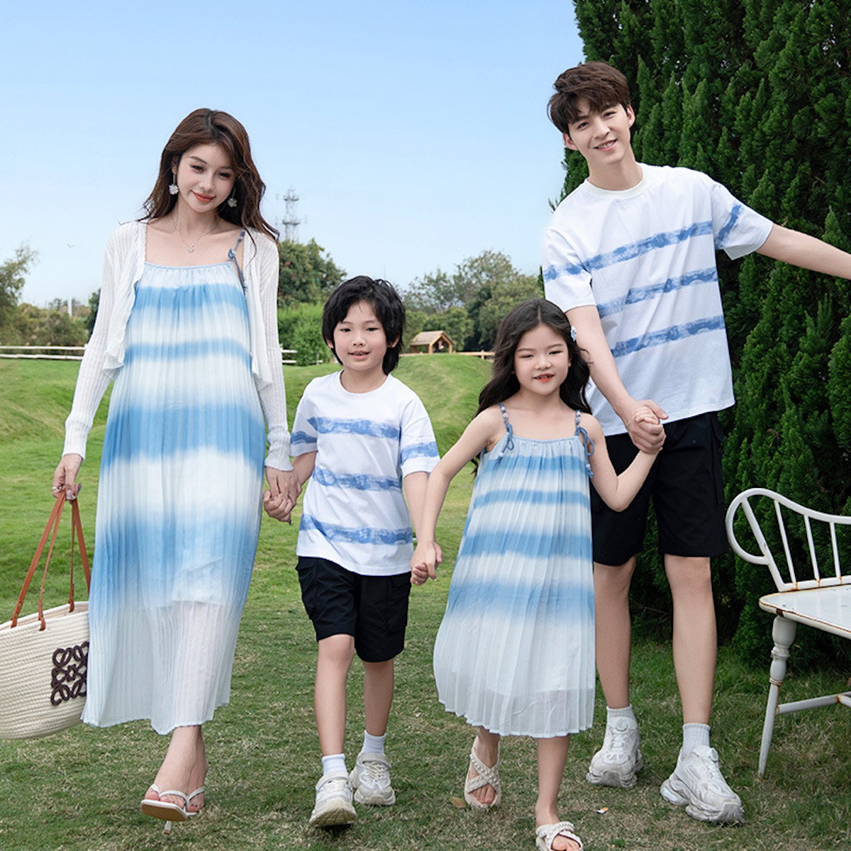 Family Matching Outfits Blue Striped Matching Family Shirts and Ruffle Stripe Slip Dress - ChildAngle