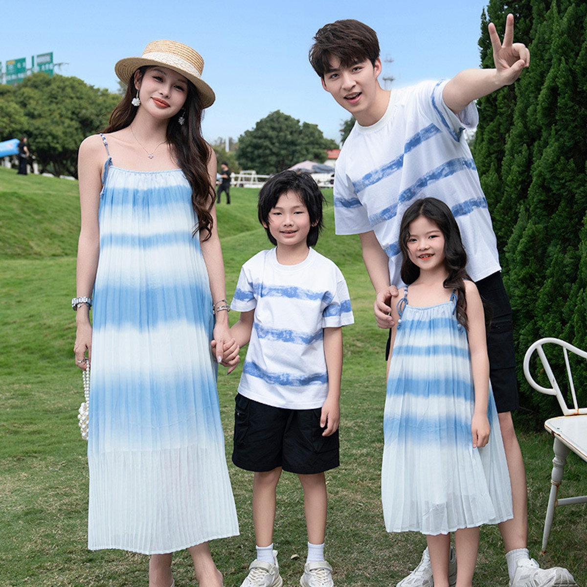 Family Matching Outfits Blue Striped Matching Family Shirts and Ruffle Stripe Slip Dress - ChildAngle