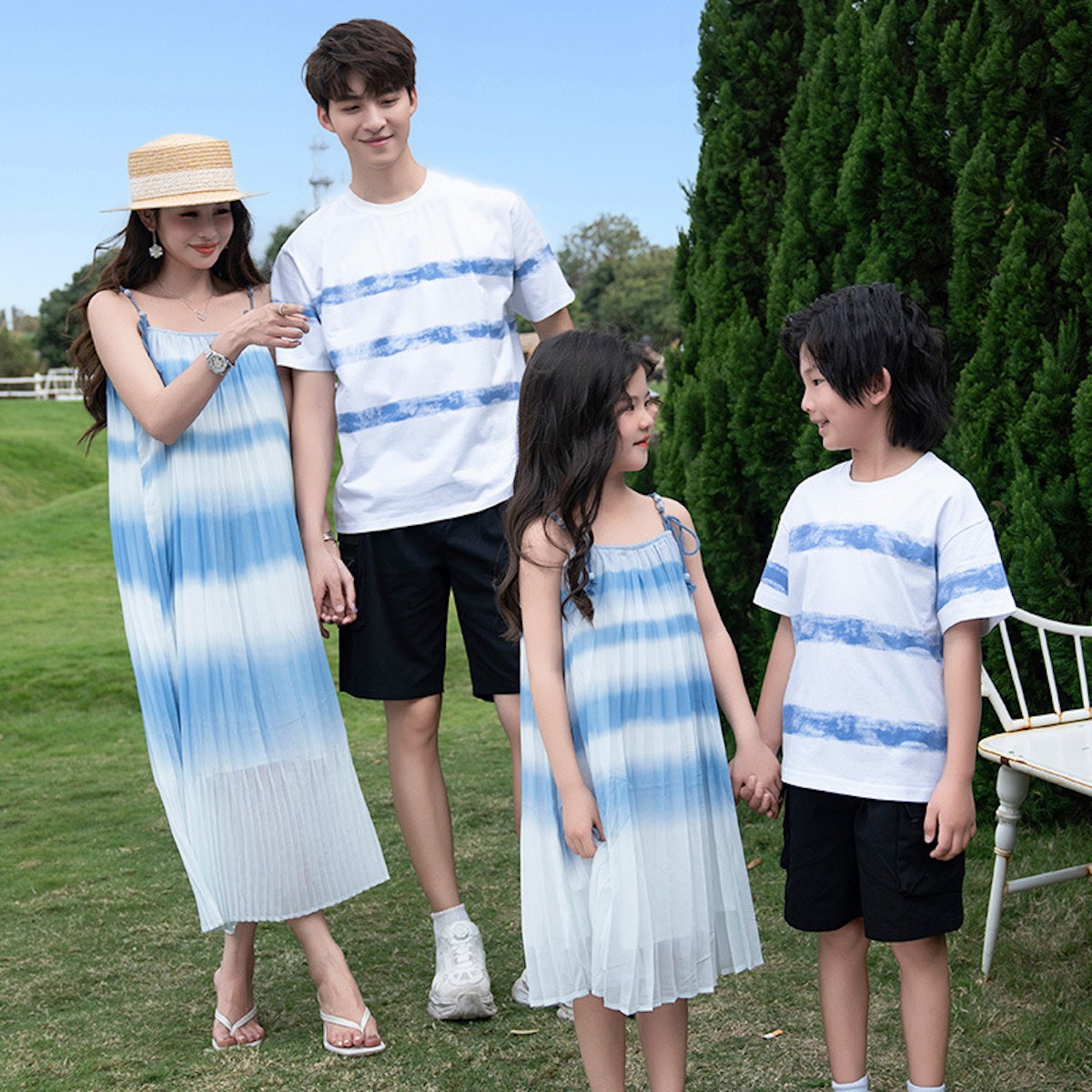 Family Matching Outfits Blue Striped Matching Family Shirts and Ruffle Stripe Slip Dress - ChildAngle