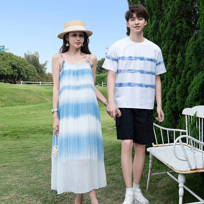 Family Matching Outfits Blue Striped Matching Family Shirts and Ruffle Stripe Slip Dress - ChildAngle