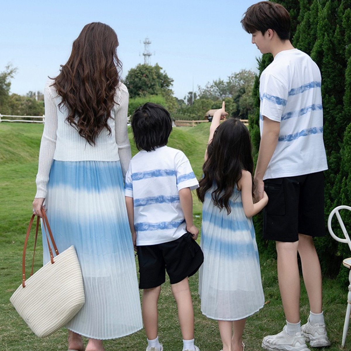 Family Matching Outfits Blue Striped Matching Family Shirts and Ruffle Stripe Slip Dress - ChildAngle