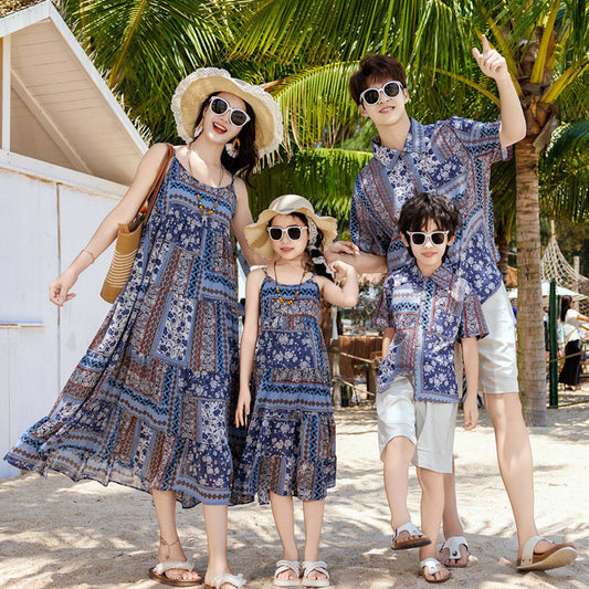 Family Matching Dress Boho Strap Dress and Shorts and Shirt Set - ChildAngle