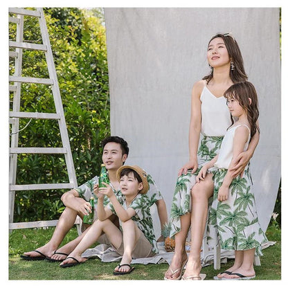 Tropical Plant Palm Tree Polo Shirts and Shorts Set and White Vest with Palm Tree Skirt - ChildAngle