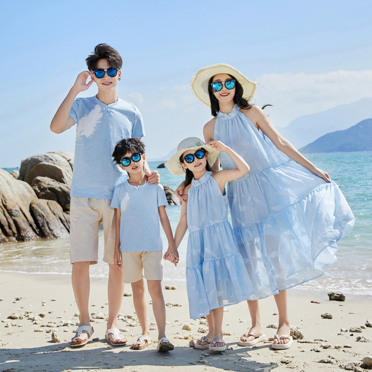 Family Matching Outfits Light Blue Feather Tee and Shorts Match High Neck Dress - ChildAngle