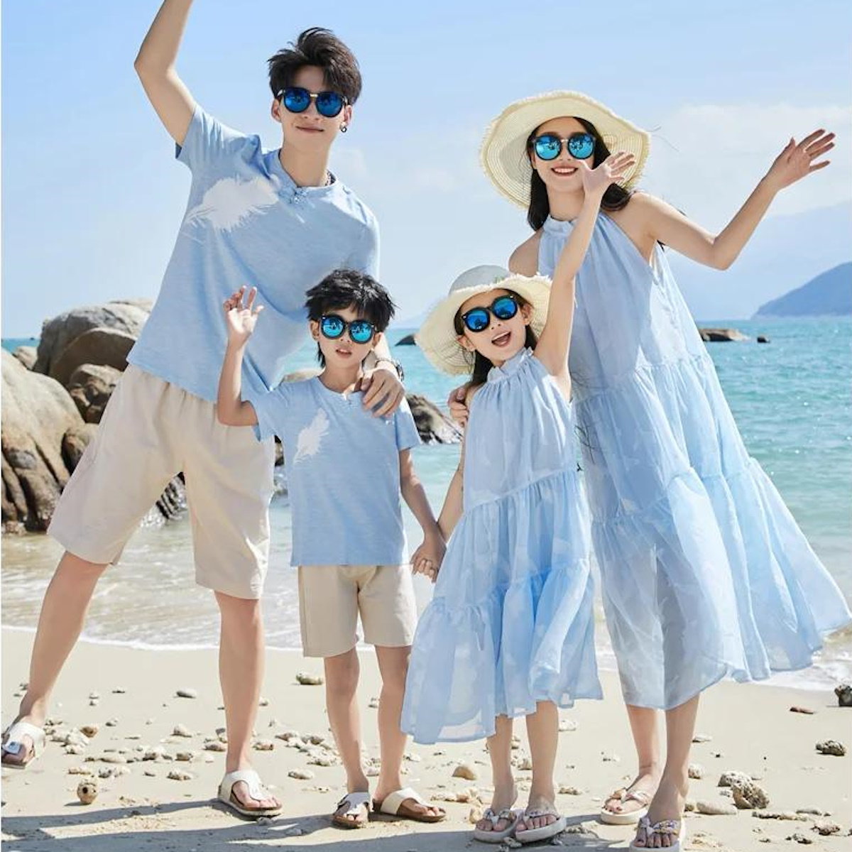 Family Matching Outfits Light Blue Feather Tee and Shorts Match High Neck Dress - ChildAngle