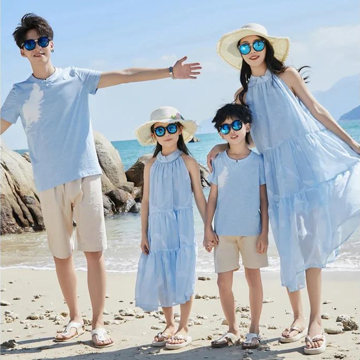 Family Matching Outfits Light Blue Feather Tee and Shorts Match High Neck Dress - ChildAngle