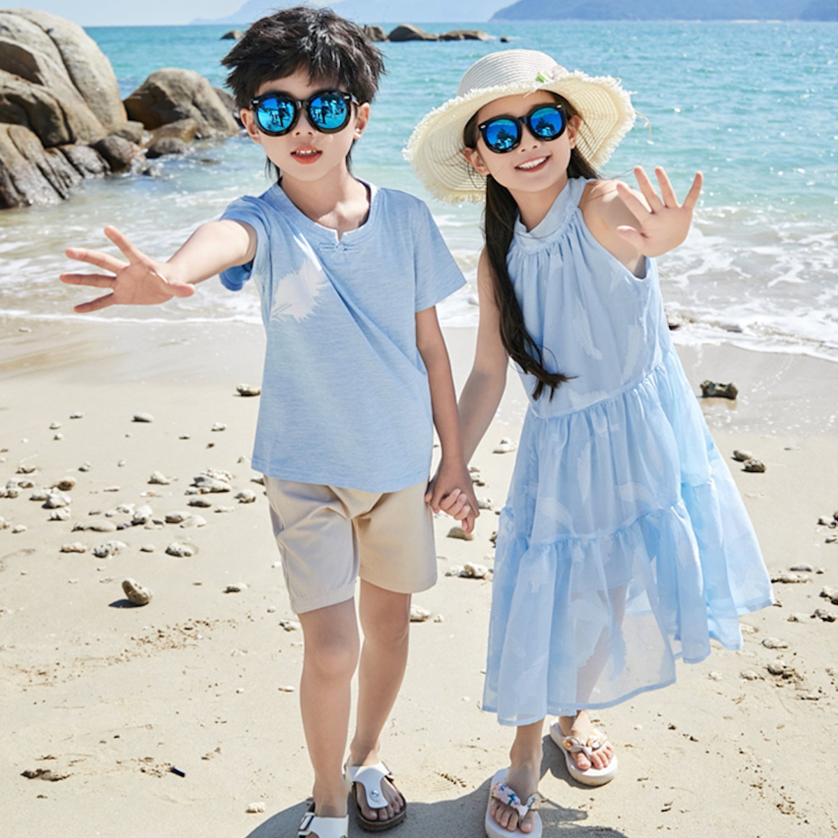 Family Matching Outfits Light Blue Feather Tee and Shorts Match High Neck Dress - ChildAngle