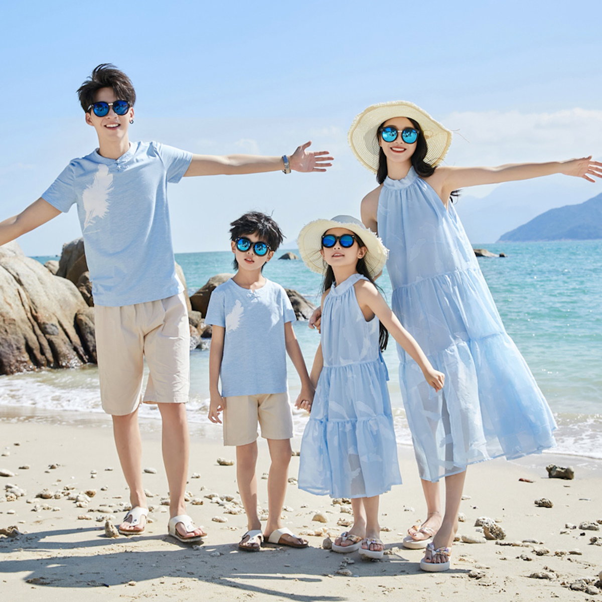 Family Matching Outfits Light Blue Feather Tee and Shorts Match High Neck Dress - ChildAngle