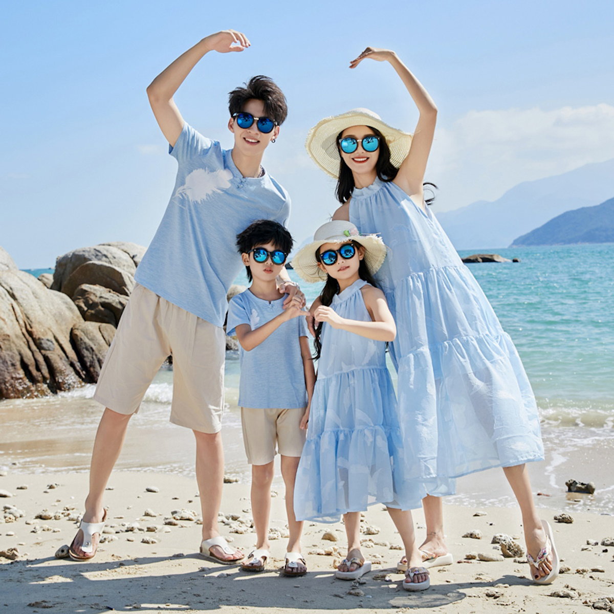 Family Matching Outfits Light Blue Feather Tee and Shorts Match High Neck Dress - ChildAngle