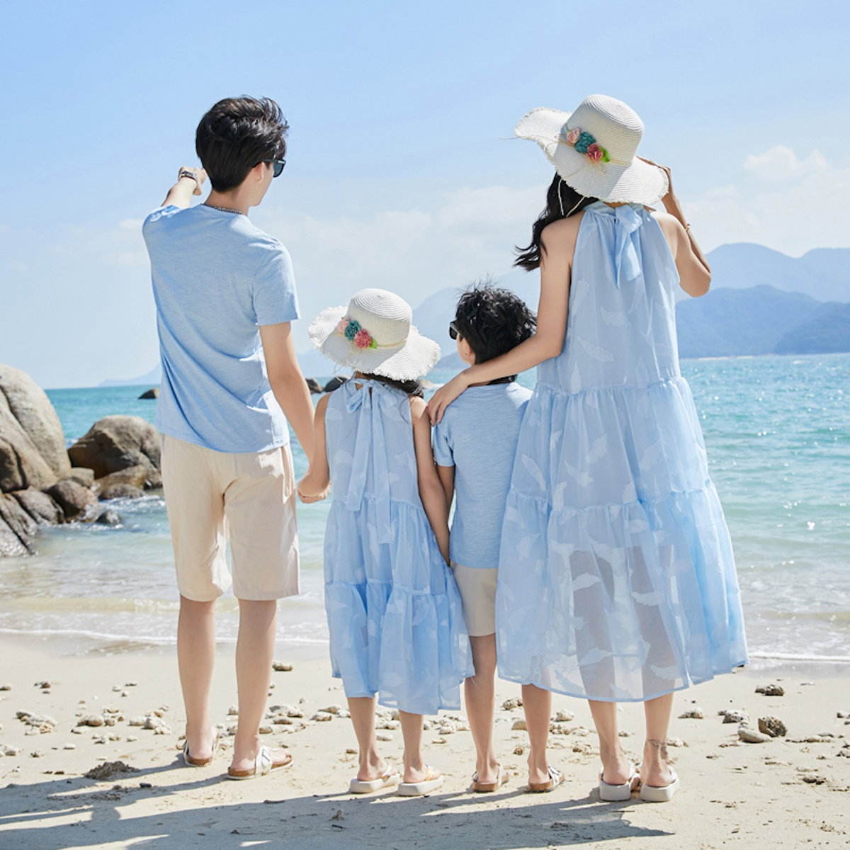 Family Matching Outfits Light Blue Feather Tee and Shorts Match High Neck Dress - ChildAngle