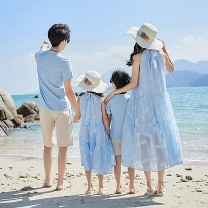 Family Matching Outfits Light Blue Feather Tee and Shorts Match High Neck Dress - ChildAngle