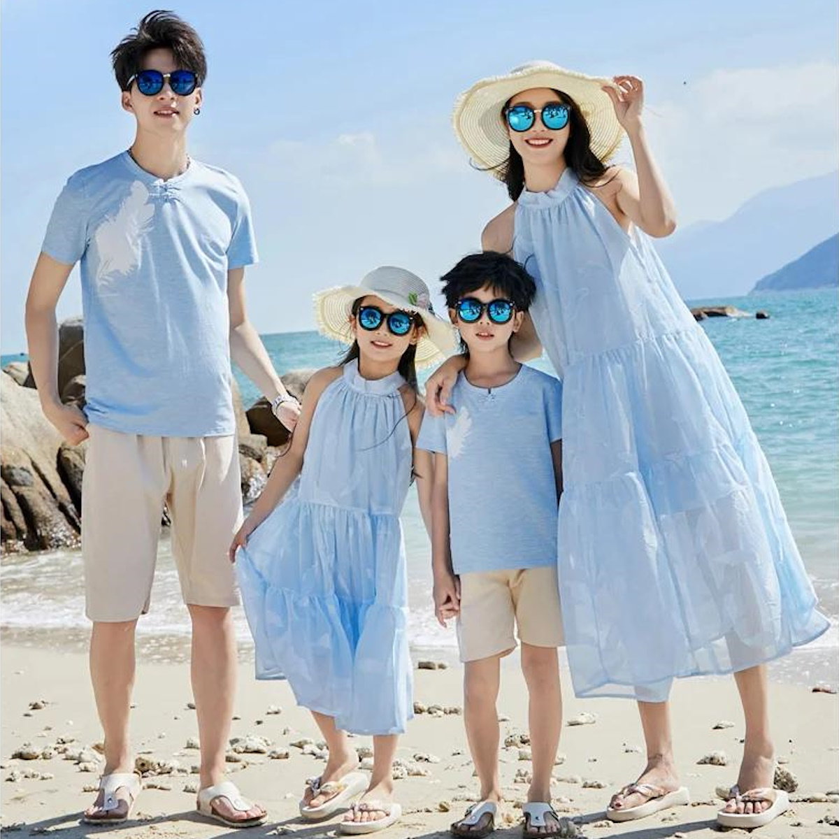 Family Matching Outfits Light Blue Feather Tee and Shorts Match High Neck Dress - ChildAngle