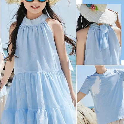 Family Matching Outfits Light Blue Feather Tee and Shorts Match High Neck Dress - ChildAngle