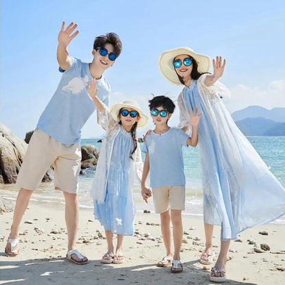 Family Matching Outfits Light Blue Feather Tee and Shorts Match High Neck Dress - ChildAngle
