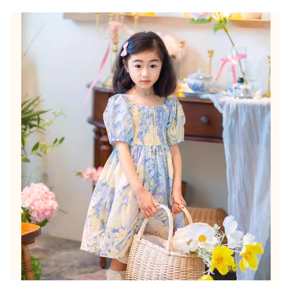 Light Blue Floral Shirred Top Family Matching Outfits Flower Print Polo Shirts and Shorts and Dress - ChildAngle