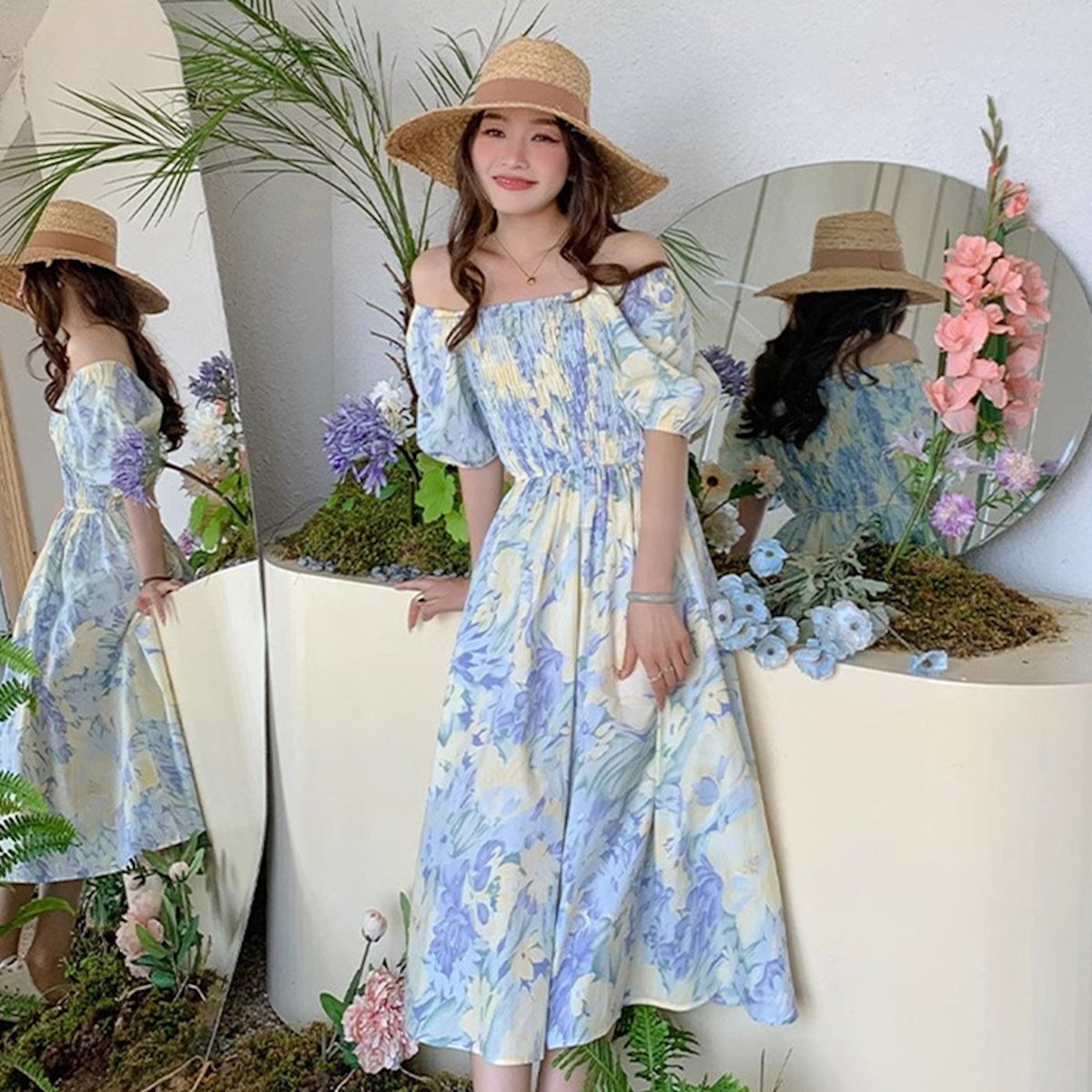 Light Blue Floral Shirred Top Family Matching Outfits Flower Print Polo Shirts and Shorts and Dress - ChildAngle