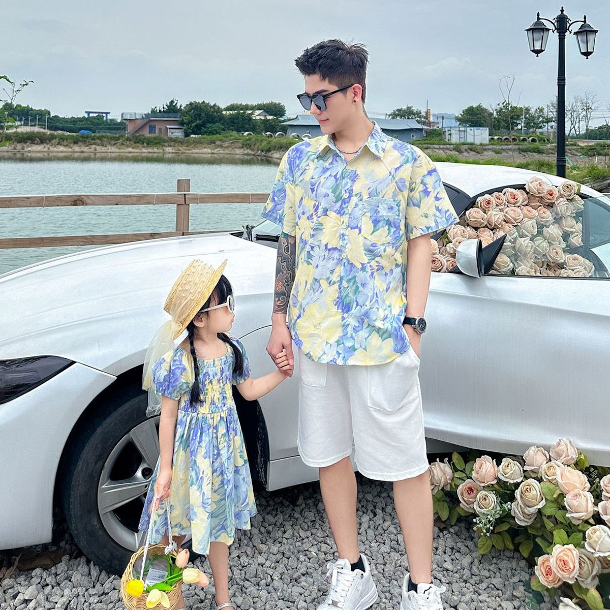 Light Blue Floral Shirred Top Family Matching Outfits Flower Print Polo Shirts and Shorts and Dress - ChildAngle