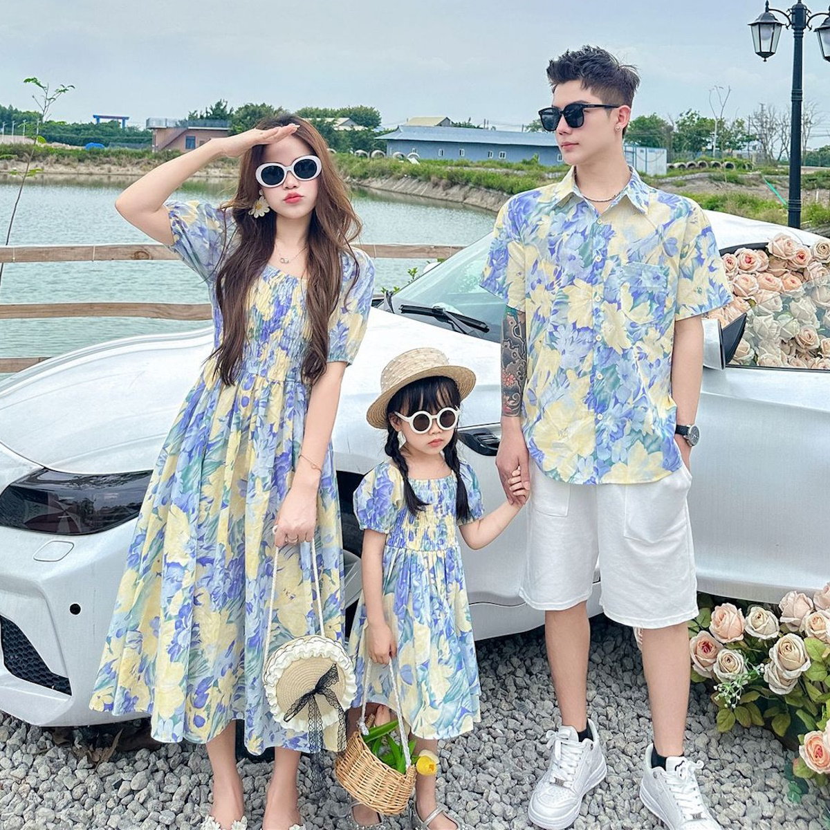Light Blue Floral Shirred Top Family Matching Outfits Flower Print Polo Shirts and Shorts and Dress - ChildAngle