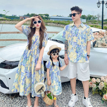 Light Blue Floral Shirred Top Family Matching Outfits Flower Print Polo Shirts and Shorts and Dress - ChildAngle