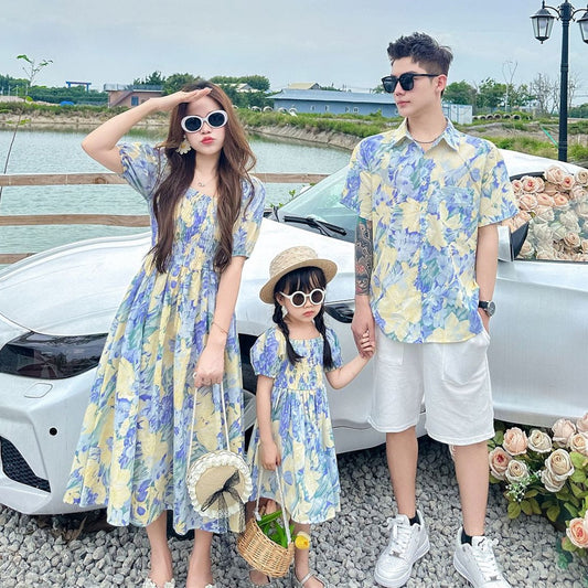 Light Blue Floral Shirred Top Family Matching Outfits Flower Print Polo Shirts and Shorts and Dress - ChildAngle