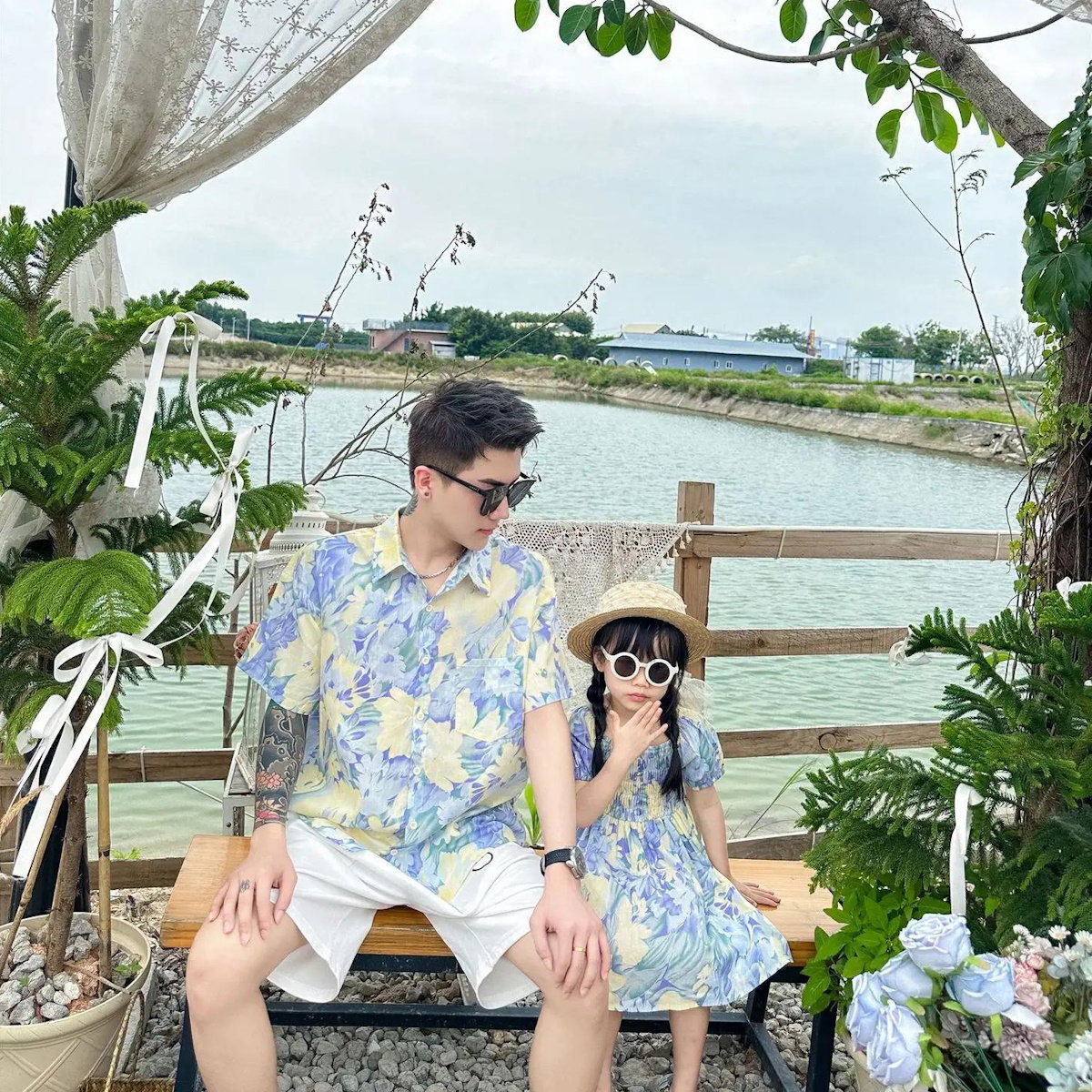 Light Blue Floral Shirred Top Family Matching Outfits Flower Print Polo Shirts and Shorts and Dress - ChildAngle