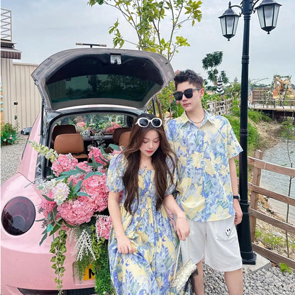 Light Blue Floral Shirred Top Family Matching Outfits Flower Print Polo Shirts and Shorts and Dress - ChildAngle