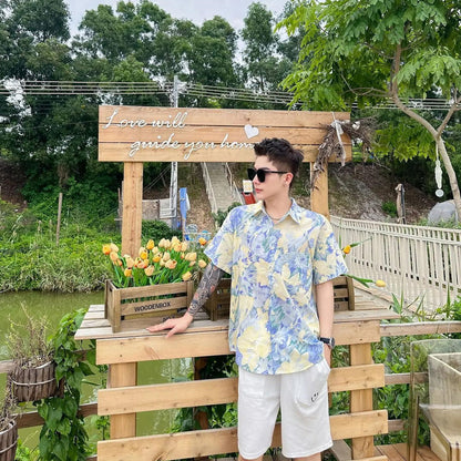 Light Blue Floral Shirred Top Family Matching Outfits Flower Print Polo Shirts and Shorts and Dress - ChildAngle