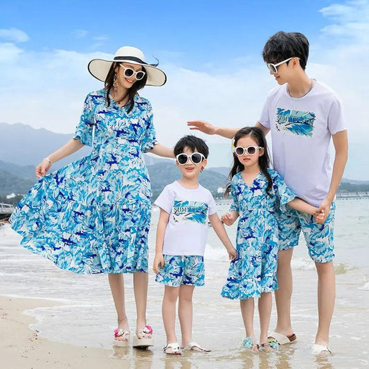 Family Matching Outfits Summer Sun T-Shirts Floral Shorts and Half Sleeve Floral Ruffle Dress - ChildAngle