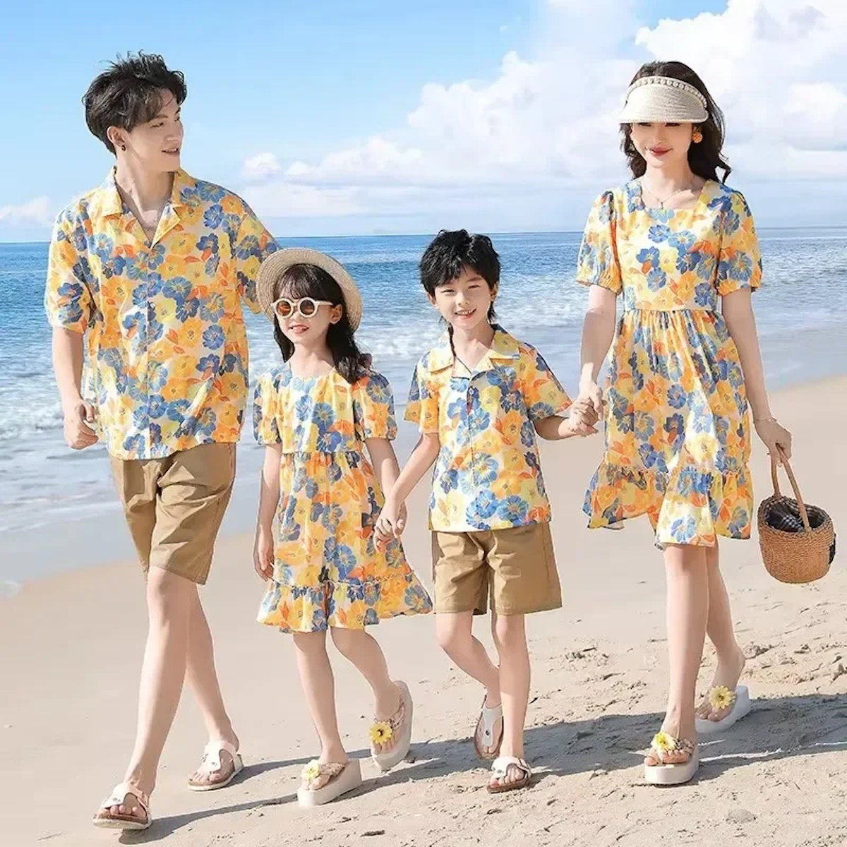 Family Matching Outfits Flower Print Half Sleeve Dress with Flower Print Polo Shirts with Shorts - ChildAngle