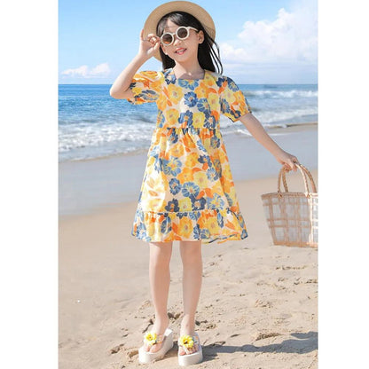 Family Matching Outfits Flower Print Half Sleeve Dress with Flower Print Polo Shirts with Shorts - ChildAngle