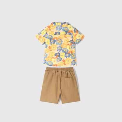 Family Matching Outfits Flower Print Half Sleeve Dress with Flower Print Polo Shirts with Shorts - ChildAngle