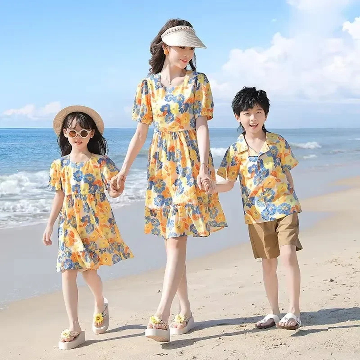 Family Matching Outfits Flower Print Half Sleeve Dress with Flower Print Polo Shirts with Shorts - ChildAngle
