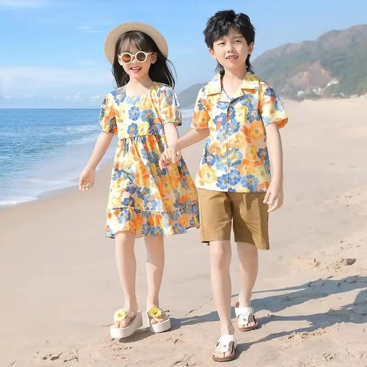 Family Matching Outfits Flower Print Half Sleeve Dress with Flower Print Polo Shirts with Shorts - ChildAngle