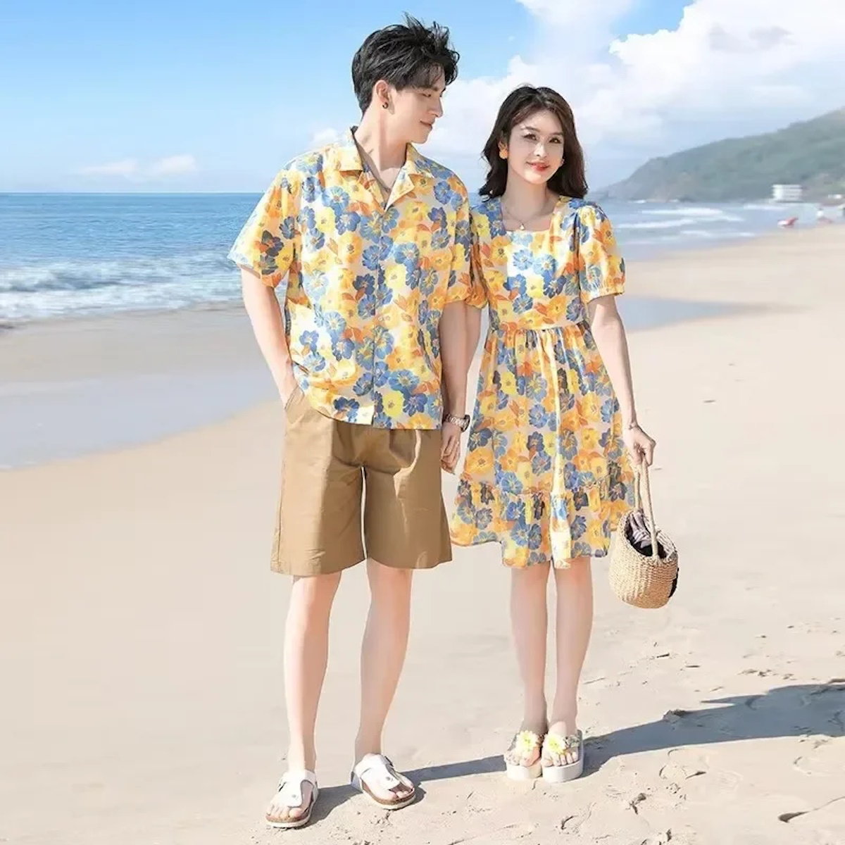 Family Matching Outfits Flower Print Half Sleeve Dress with Flower Print Polo Shirts with Shorts - ChildAngle